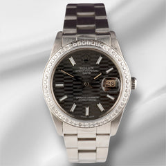 Rolex Date 34mm Ladies 1.5ct Grey Motif Dial Steel Oyster Watch 15000