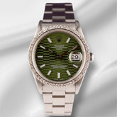 Rolex Date 34mm Ladies 1.5ct Prong Diamonds Green Motif Dial Steel Watch 15000