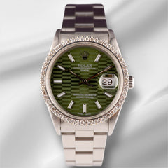 Rolex Date 34mm Ladies 1.5ct Prong Diamonds Green Motif Dial Steel Watch 15000