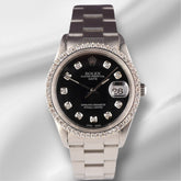 Rolex Date 34mm Ladies 1.5ct Prong Black Diamond Dial Steel Watch 15000