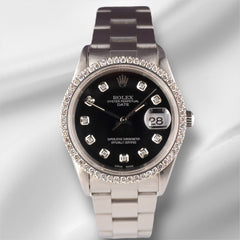 Rolex Date 34mm Ladies 1.5ct Prong Black Diamond Dial Steel Watch 15000