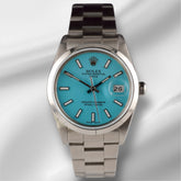 Rolex Date 34mm Ladies Baby Blue Dial Oyster Steel Watch 15000