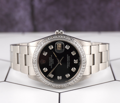 Rolex Date 34mm Ladies 1.5ct Black Diamond Dial Steel Oyster Watch 15000