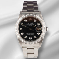 Rolex Date 34mm Ladies 1.5ct Black Diamond Dial Steel Oyster Watch 15000