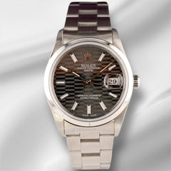 Rolex Date 34mm Ladies Grey Motif Dial Smooth Oyster Steel Watch 15000