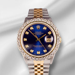 Rolex Datejust 36mm YG/Steel 2.50ct Diamonds Royal Blue Dial Hidden Clasp Watch