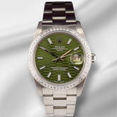 Rolex Date 34mm Ladies 1.5ct Green Motif Dial Steel Oyster Watch 15000