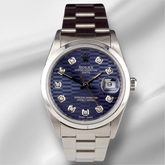 Rolex Date 34mm Ladies Blue Motif Diamond Dial Oyster Steel Watch 15000
