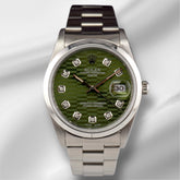 Rolex Date 34mm Ladies Green Motif Diamond Dial Oyster Steel Watch 15000