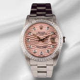 Rolex Date 34mm Ladies 1.5ct Pink Motif Diamond Dial Steel Oyster Watch 15000