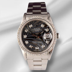 Rolex Date 34mm Ladies 1.5ct Prong Grey Palm Diamond Dial Steel Watch 15000