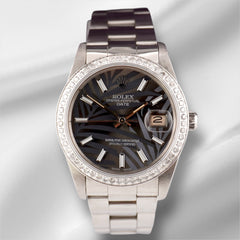 Rolex Date 34mm Ladies 1.5ct Grey Palm Dial Steel Oyster Watch 15000