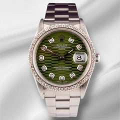 Rolex Date 34mm Ladies 1.5ct Prong Green Motif Diamond Dial Steel Watch 15000