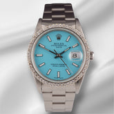 Rolex Date 34mm Ladies 1.5ct Prong Baby Blue Dial Steel Watch 15000