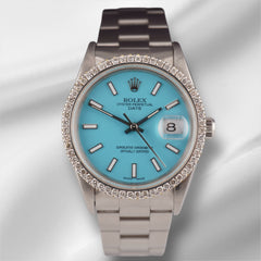 Rolex Date 34mm Ladies 1.5ct Prong Baby Blue Dial Steel Watch 15000