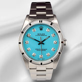 Rolex 34mm Oyster Perpetual Baby Blue Diamond Dial Engine Turned Watch 14000