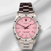 Rolex 34mm Oyster Perpetual Pink Dial Engine Turned Steel Watch 14000