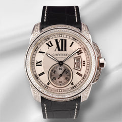 Cartier Calibre 42mm Men's Steel Watch White Dial Iced 2.5ct Diamonds Ref 3389