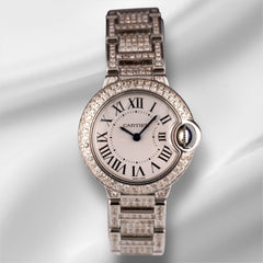 Cartier Ballon Bleu Ladies Watch 29mm Iced Out 6ct Diamonds Steel Quartz 3009