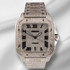 Cartier Santos Large 40mm Men's Steel Roman Iced Out 12ct Diamonds Watch 4072