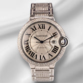 Cartier Ballon Bleu 42mm Iced 10ct Diamonds Steel Mens Watch Roman Auto 3765