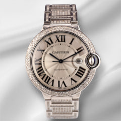 Cartier Ballon Bleu 42mm Iced 10ct Diamonds Steel Mens Watch Roman Auto 3765