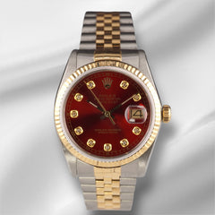 Rolex Datejust 36mm 18k Yellow Gold & Steel Fluted Red Diamond Dial Watch 16013