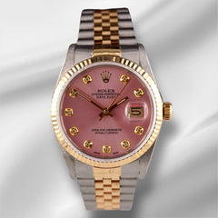 Rolex Datejust 36mm 18k Yellow Gold & Steel Fluted Pink Diamond Dial Watch 16013