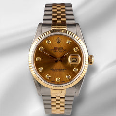 Rolex Datejust 36mm 18k Yellow Gold & Steel Fluted Gold Diamond Dial Watch 16013