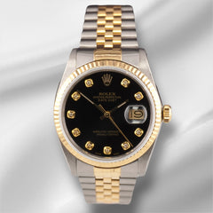 Rolex Datejust 36mm 18kYellow Gold & Steel Fluted Black Diamond Dial Watch 16013