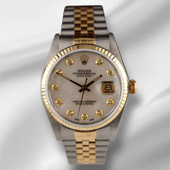 Rolex Datejust 36mm 18k YG & Steel Fluted White Mop Diamond Dial Watch 16013