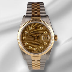 Rolex Datejust 36mm 18kYG 2-Tone Fluted Gold Palm Motif Diamond Dial Watch 16013