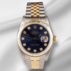 Rolex Datejust 36mm 18k YG 2-Tone Fluted Dark Blue Diamond Dial Watch 16013