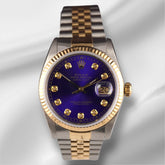 Rolex Datejust 36mm 18k YG 2-Tone Fluted Royal Blue Diamond Dial Watch 16013