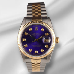 Rolex Datejust 36mm 18k YG 2-Tone Fluted Royal Blue Diamond Dial Watch 16013