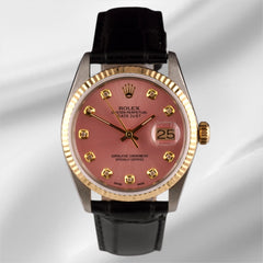 Rolex Datejust 36mm Yellow Gold Fluted Pink Diamond Dial Leather Band Watch