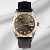 Rolex Datejust 36mm Yellow Gold Fluted Grey Diamond Dial Leather Band Watch