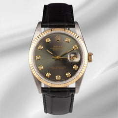 Rolex Datejust 36mm Yellow Gold Fluted Grey Diamond Dial Leather Band Watch