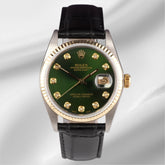 Rolex Datejust 36mm Yellow Gold Fluted Green Diamond Dial Leather Band Watch