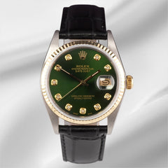 Rolex Datejust 36mm Yellow Gold Fluted Green Diamond Dial Leather Band Watch