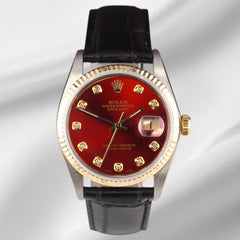 Rolex Datejust 36mm Yellow Gold Fluted Red Diamond Dial Leather Band Watch