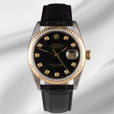 Rolex Datejust 36mm Yellow Gold Fluted Black Diamond Dial Leather Band Watch