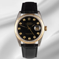 Rolex Datejust 36mm Yellow Gold Fluted Black Diamond Dial Leather Band Watch