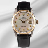Rolex Datejust 36mm Yellow Gold Fluted White Mop Diamond Dial Leather Band Watch