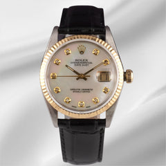 Rolex Datejust 36mm Yellow Gold Fluted White Mop Diamond Dial Leather Band Watch