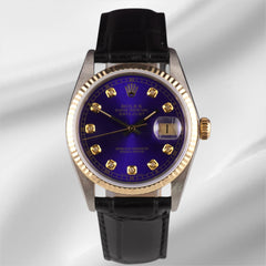 Rolex Datejust 36mm Yellow Gold Royal Blue Diamond Dial Leather Band Watch