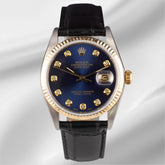Rolex Datejust 36mm Yellow Gold Fluted Dark Blue Diamond Dial Leather Band Watch