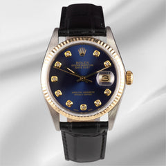 Rolex Datejust 36mm Yellow Gold Fluted Dark Blue Diamond Dial Leather Band Watch