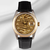 Rolex Datejust 36mm Yellow Gold Palm Motif Diamond Dial Leather Band Watch