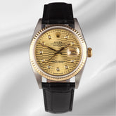 Rolex Datejust 36mm Yellow Gold Fluted Motif Diamond Dial Leather Band Watch